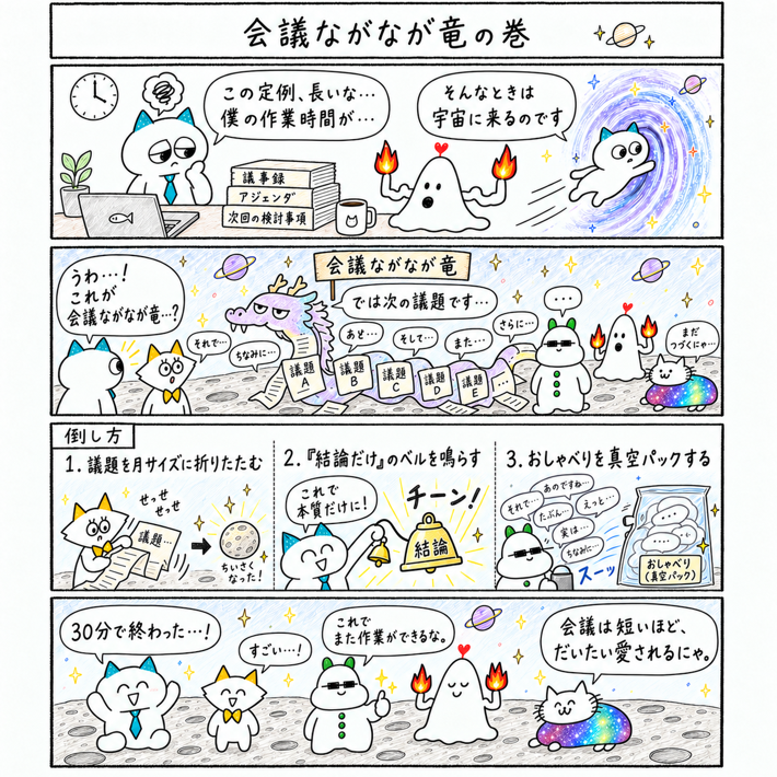 relansukerou's tweet photo. 会議ながなが竜の巻
#リラン助郎　#エンジニアあるある　#社会人　#４コマ漫画　#漫画が読めるハッシュタグ https://t.co/GNHySlEb4Z