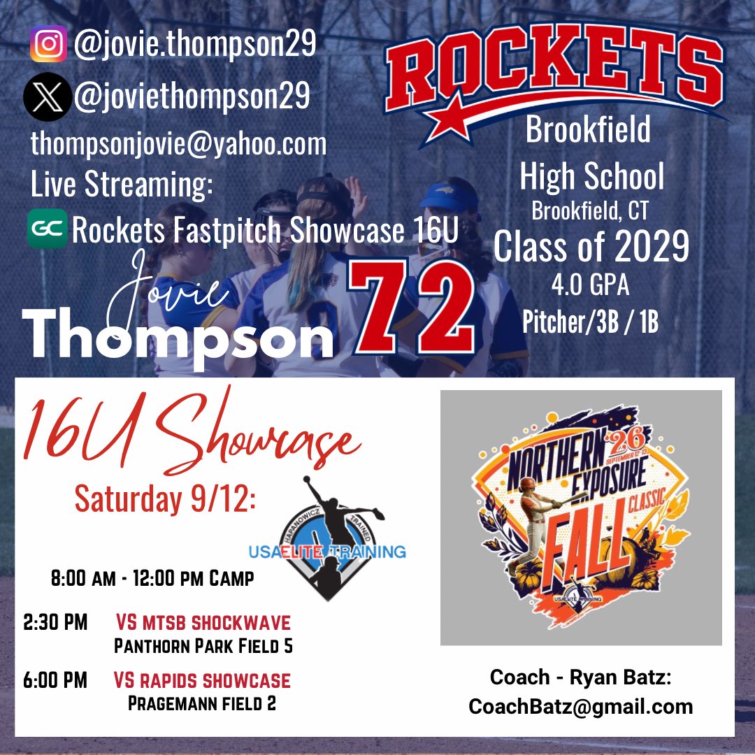 JovieThompson29's tweet photo. New uniform, same drive. Our showcase team is set and ready to compete. Looking forward to this weekends showcase. @Rockets_Sball @USAElite_Jen
#fastpitchsoftball #collegeshowcase #pitcher #rocketsfastpitchsoftball https://t.co/anu6JRxFjM