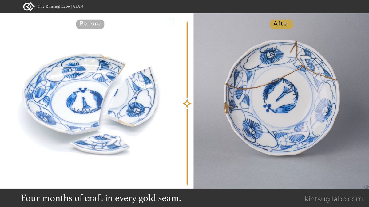kintsugilabo's tweet photo. Collected — this Ko-Imari camellia plate, its three fragments rejoined by kintsugi with natural urushi and restored in 24K gold. One-of-a-kind kintsugi works still in stock: https://t.co/e9dqALWyXz #Kintsugi #Urushi #JapaneseArt https://t.co/Bng0OW0yMM