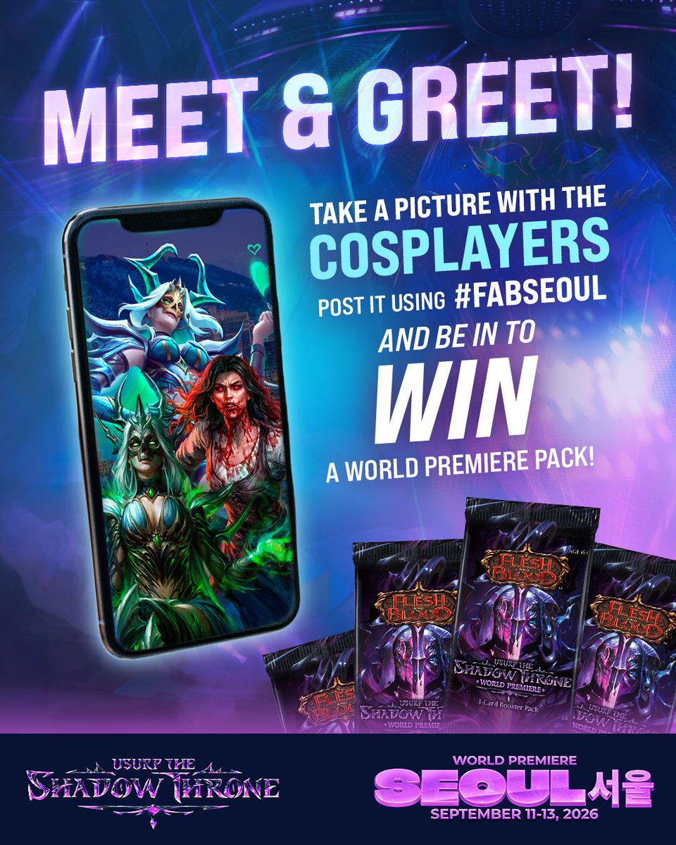 fabtcg's tweet photo. 🧵 Win a World Premiere Pack with our cosplayers! 🧵

Find one of the incredible cosplayers at World Premiere: Seoul, snap a photo together, and post it with #FABSeoul for your chance to win one of 10 World Premiere Packs! 📸 

Hint: Cosplayers will be at the main stage at 3:30pm on Saturday, September 12. Winners will be contacted on Sunday 13 September, so keep an eye on your messages!