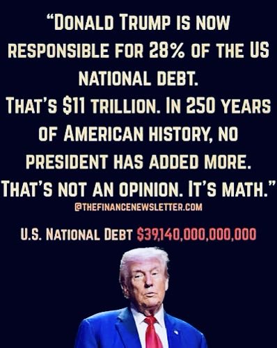 TommasinaResist's tweet photo. Forbes says more than $11.6 trillion in U.S. debt was added under Trump, while crypto and foreign deals poured over $1 billion into his pockets. 
You pay the interest. 
Trump pays off his mortgages. 
That is corruption hitting your wallet.
 #CorruptTrumpRegime
#USDemocracy https://t.co/SwfzOEHSgl