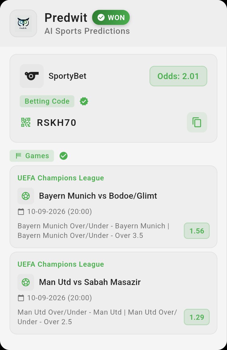 predwit's tweet photo. 🏆 BOOM! SportyBet code WON @ 2.01 odds! ✅🔥
🎯 Code: RSKH70
⚽ Bayern Munich vs Bodoe/Glimt
⚽ Man Utd vs Sabah Masazir

Get winning codes on Predwit 👇
https://t.co/Czt1cB80WA
#Predwit #BetCode https://t.co/8T1givLAgL