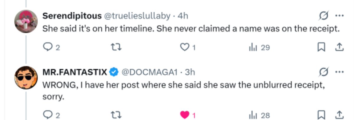 DOCMAGA1's tweet photo. She absolutely has said Tyler Robinson name was on receipt and she saw unblurred receipt, LMFAO I know she lies so much that it is hard to keep track but that means, according to her own words she has seen unblurred receipt and it says Tyler Robinson. And again, wait till you see the HUGE surprise we have in store.