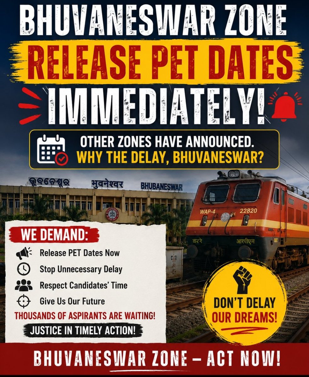 CHINTUJANA19089's tweet photo. 🚨 Bhubaneswar Group D Candidates Need an Update!

Several other zones have already moved ahead with their PET process, but Bhubaneswar candidates are still waiting for the PET schedule.

@DRMKhurdaRoad 
@RailMinIndia 
@EastCoastRail https://t.co/yKwVO1uhna