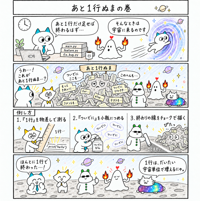 relansukerou's tweet photo. あと１行ぬまの巻
#リラン助郎　#エンジニアあるある　#４コマ漫画　#漫画が読めるハッシュタグ　#プログラミング　#宇宙 https://t.co/GHKUpCCCQc