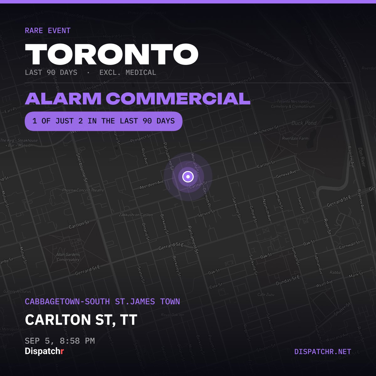 DispatchrTO's tweet photo. Toronto · Last 90 days
RARE: ALARM COMMERCIAL in Cabbagetown-South St.James Town. 1 of just 2 in the last 90 days
#toronto #dispatchr #publicsafety https://t.co/0WmksKlztQ