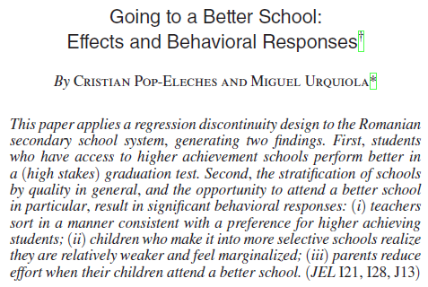 andrei_mntn's tweet photo. @cremieuxrecueil My coauthors find something very different in their paper (published in the AER). This result has been replicated many times. This possibly has something to do with the gap in the quality of the school vs the fallback (among other things); it might be relatively small in Bos/NY. https://t.co/wt8ePi1ZlW