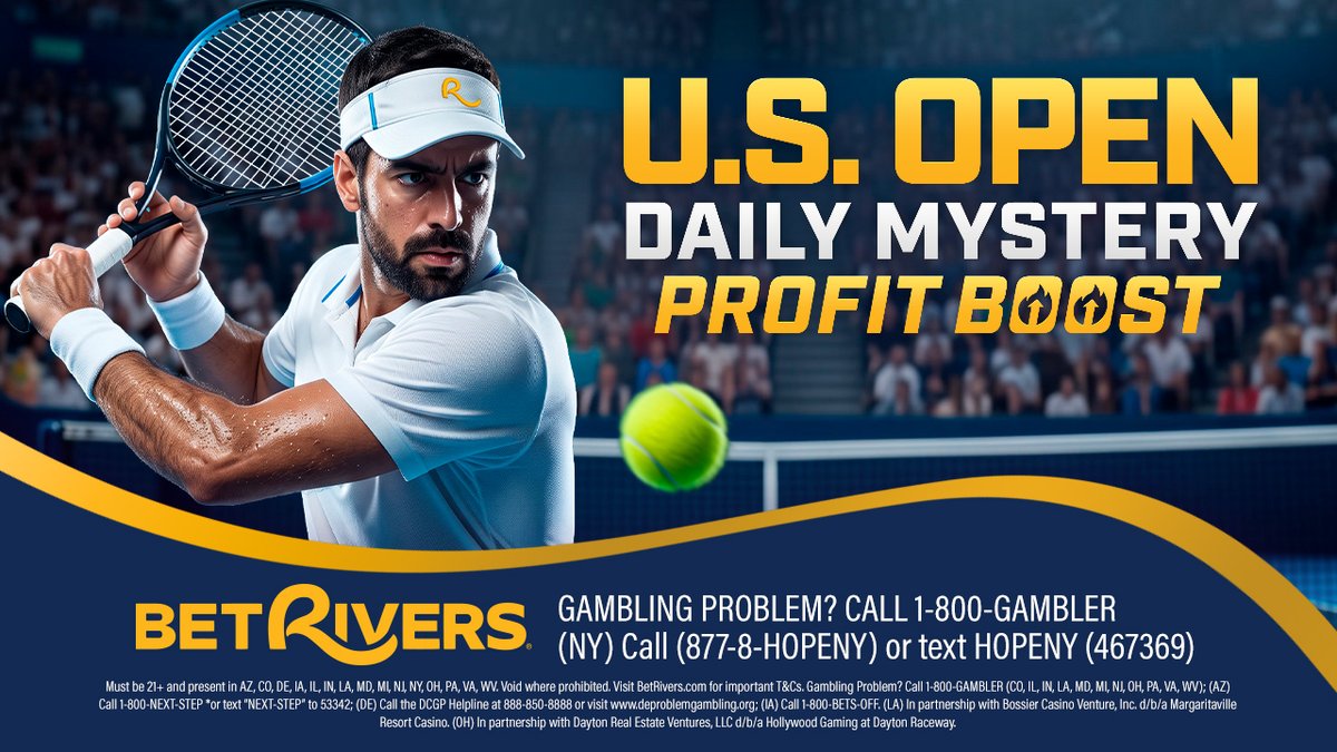BetRivers's tweet photo. MEN'S SEMI-FINALS TONIGHT!  

Log in each day of the US Open to receive a mystery profit boost of 20%-100% on any eligible tournament wager 📈            

📲 BetRivers app https://t.co/ghQhrTTbO2