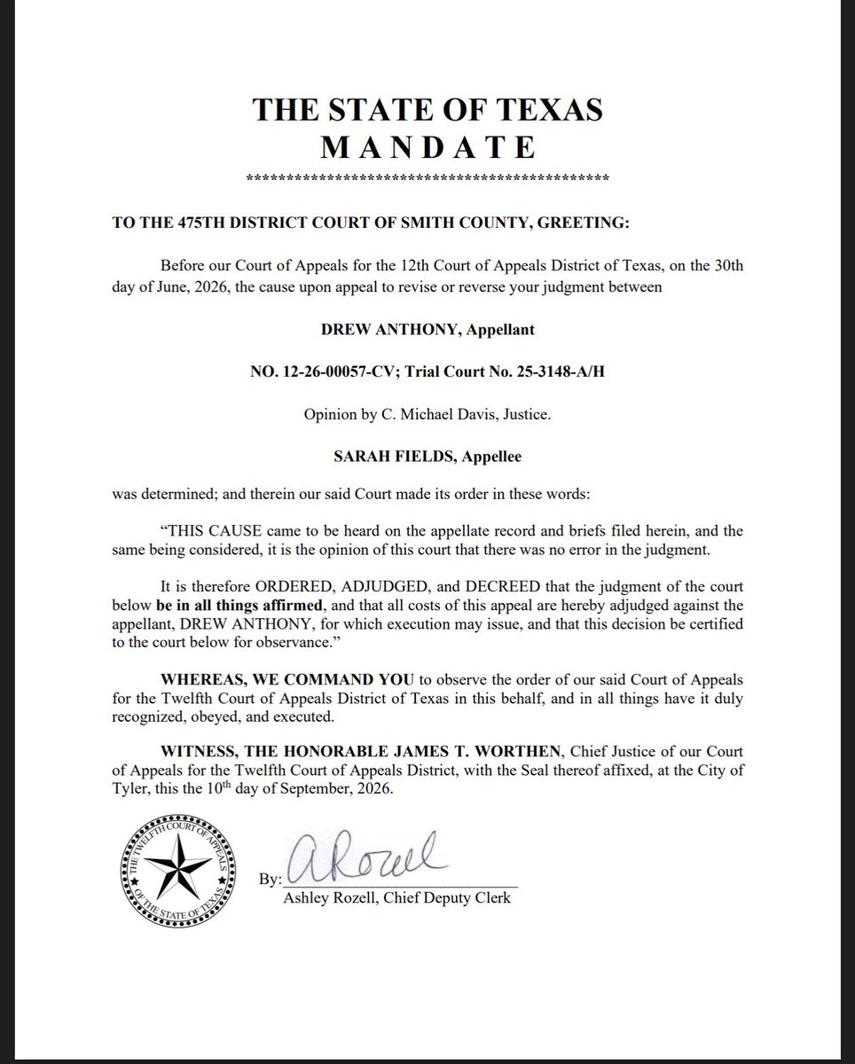 SarahisCensored's tweet photo. 🚨God is good.  5-0.🚨

Drew Anthony, father of Karmelo Anthony, just lost again.

The Twelfth Court of Appeals has now issued its mandate in Drew Anthony v. Sarah Fields - and the language is clear: the judgment against him is “in all things affirmed.”

That means Drew did not get the judgment reversed, reduced, or sent back for a new ruling. He appealed. He lost. The judgment stands.

The appellate court also assessed all costs of the appeal against Drew Anthony, totaling $1,315, and directed the 475th District Court to recognize, obey, and execute the appellate court’s decision. The mandate even states that execution may issue for those costs.

This means that the appellate court formally told the lower court: the ruling stands … carry it out.

That makes me 5-0 in my legal battles with Drew Anthony. 

And more than a year later, I am still fighting for accountability over what happened to me and my family throughout 2025 and 2026 involving Drew Anthony, Karmelo’s advocate, and Charleston White (against whom a judgment has already been entered).

You see what I choose to share about my personal life. You see the documents, court orders, the complaints, etc. You don’t always see the damage behind them. I am still dealing with the pain and emotions of being relentlessly targeted by people from the Karmelo side of things. My family was dragged into it. My life was turned upside down. And even now, some of that targeting continues.

But here is what they should understand by now:

I am not backing down. I am not going away. And I will not be bullied into silence.

A year later, I’m still here.

And the record is 5-0.

A huge thank you to everyone who has donated to my legal proceedings and continues to do so.  I see you and I love you.  Thank you for your support. ❤️

Next step, a hearing is being held on motions on the 22nd with Tiffney Mcadoo aka Tiffney Billions.
