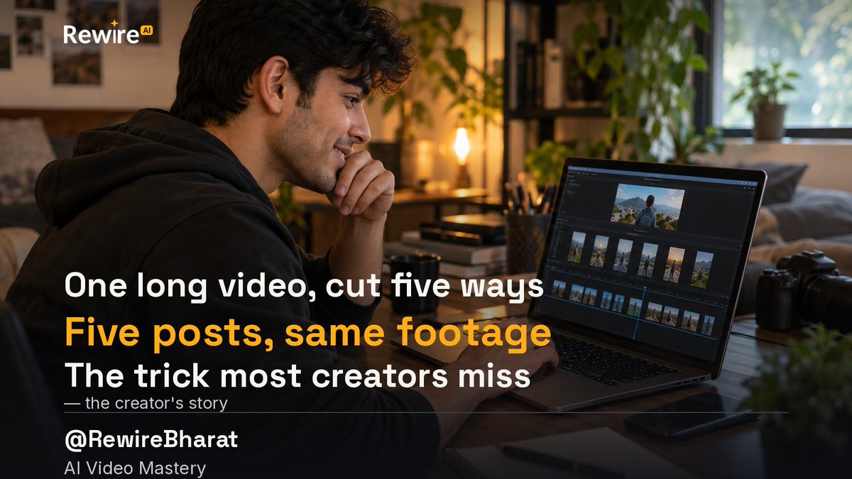 RewireBharat's tweet photo. One 90-second video, cut into five different posts, same footage
A wide shot for the feed, a vertical crop for reels, a still for the grid
Most creators film five times more than they need to

#AIVideoMastery #ContentRepurposing #CreatorEconomy #VideoEditing #RewireBharat https://t.co/sUtDQZrk45