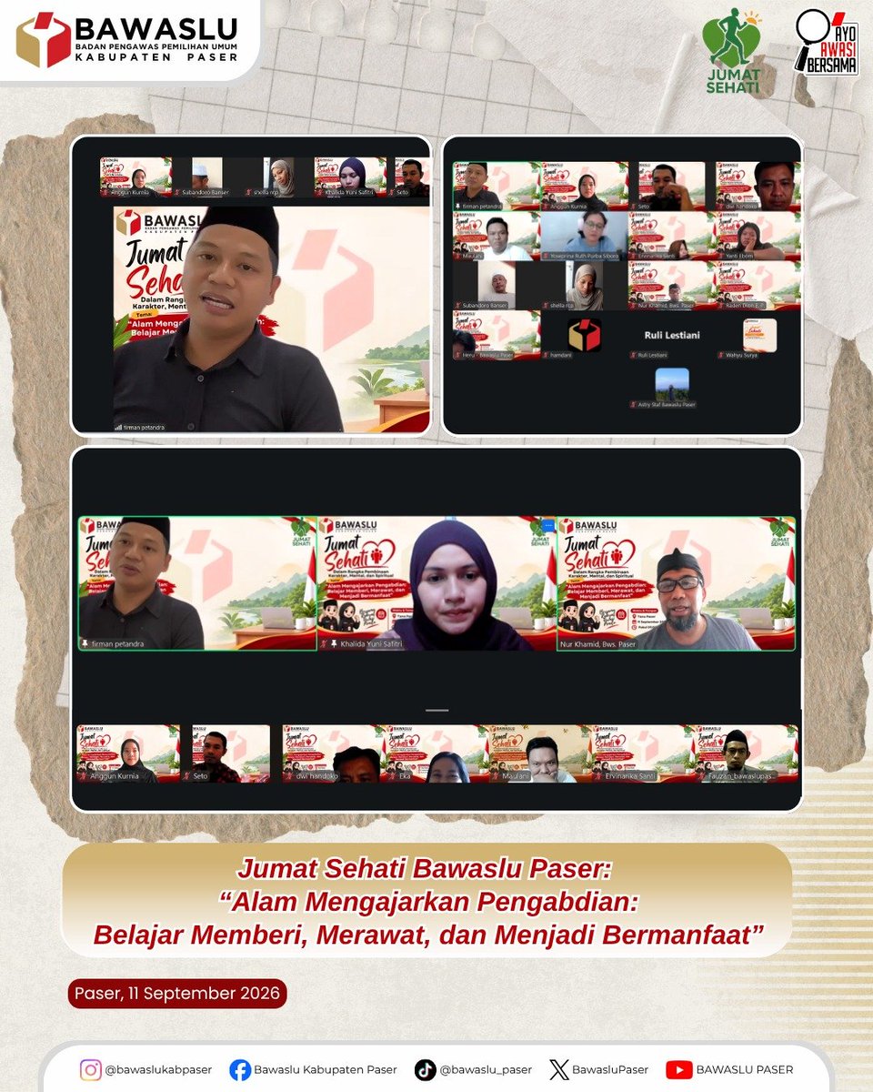 PaserBawaslu's tweet photo. 🌿 JUMAT SEHATI 🌿
“Alam Mengajarkan Pengabdian: Belajar Memberi, Merawat, dan Menjadi Bermanfaat”

📅 Jumat, 11 September 2026
⏰ 09.00 WITA s.d. selesai
💻 Zoom Meeting
🎙️ Pemateri: Firman, S.P., M.Ling

#JumatSehati #BawasluPaser #BawasluMengawasi https://t.co/f4B3Cp19wc