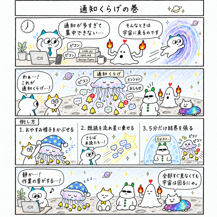 relansukerou's tweet photo. 通知くらげの巻🪼
#リラン助郎　#エンジニアあるある　#４コマ漫画　#漫画が読めるハッシュタグ https://t.co/hOwOKoZaQD