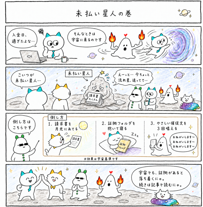 relansukerou's tweet photo. 未払い星人の巻🪐

▼フリーランスの報酬未払いを解決する全知識はこちらの記事をチェック！
https://t.co/UMMrK24E2x

#リラン助郎　#エンジニアあるある　#４コマ漫画　#漫画が読めるハッシュタグ　#Relance https://t.co/nGUlIXu72R