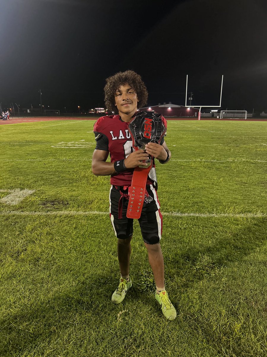DelmarvaSports's tweet photo. Ashton Ayres-Lucas is our Stanley Steemer Player of the Game after Laurel’s 20-13 win over Brandywine. 

The junior made sure his Bulldogs took the Battle of the Bone with two touchdowns and a pick 🦴

#LocalTeamsBigDreams
@CoachHudson5 https://t.co/rfyEUNwHbQ