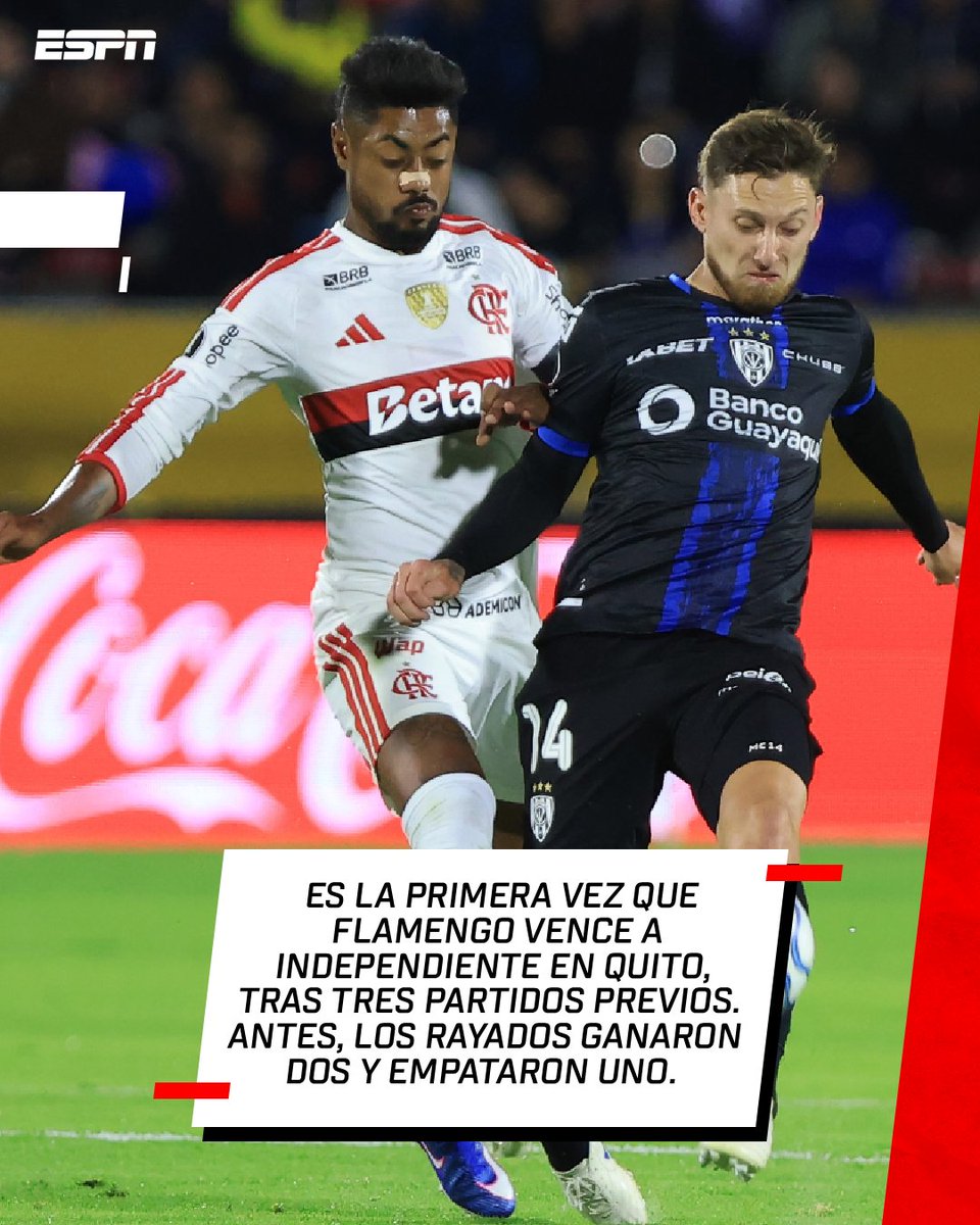 ESPNEcuador's tweet photo. 🚨 ¡DURO GOLPE! 

⚫️🔵 Independiente del Valle cayó en casa ante 🔴⚫️ Flamengo, en el partido de ida de los cuartos de final de la CONMEBOL Libertadores. Bruno Henrique y Leo Pereira anotaron los goles.

👉 El equipo ecuatoriano no pudo ser efectivo con las llegadas que consiguió, ante un equipo que sí aprovechó sus ocasiones.

🔜 La revancha se jugará el próximo jueves 17/09, en el estadio Maracaná.

📺 Mira la CONMEBOL 🌎 #Libertadores en el Plan Premium de @disneyplusla