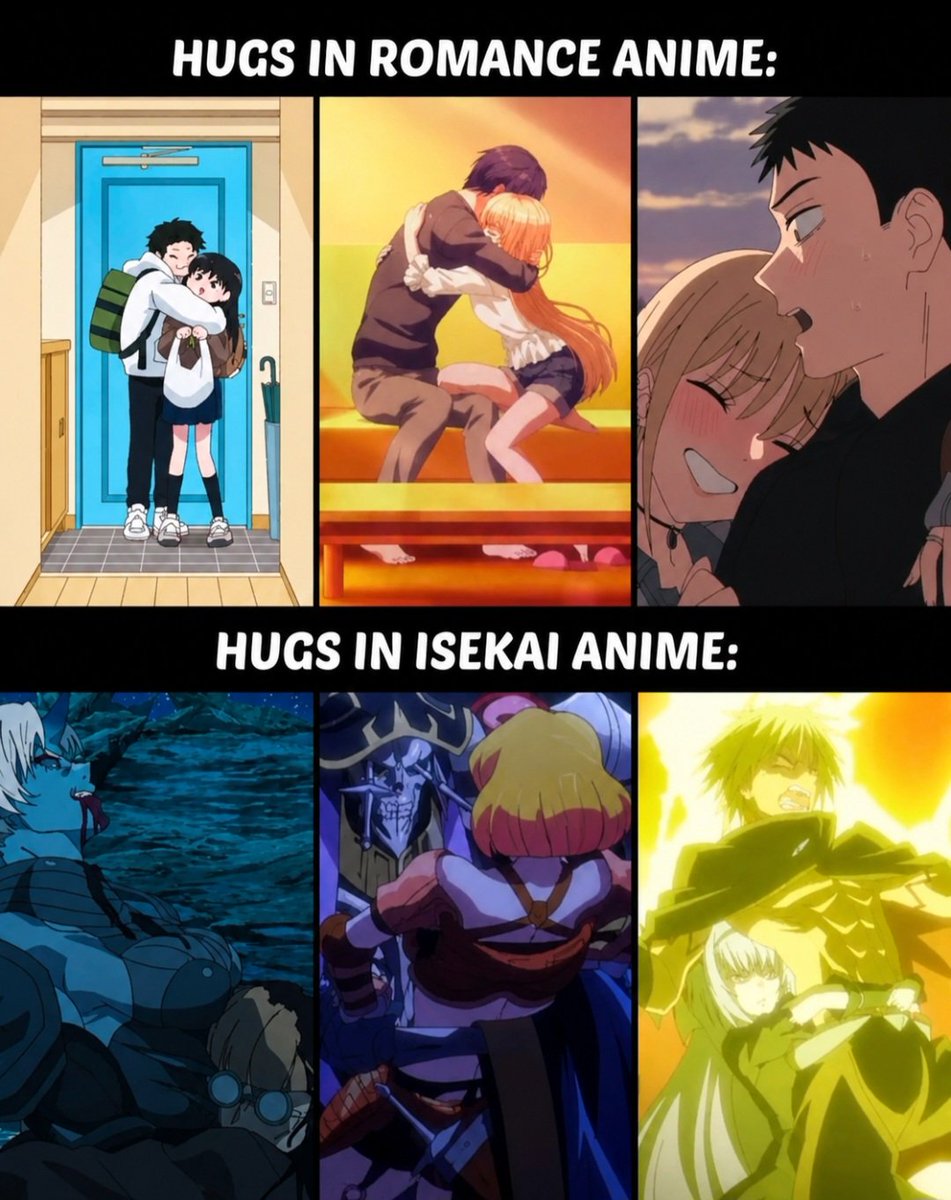 shionxlr2's tweet photo. The difference between hugs in romance anime and isekai anime😁 https://t.co/wrpLk3FYq9