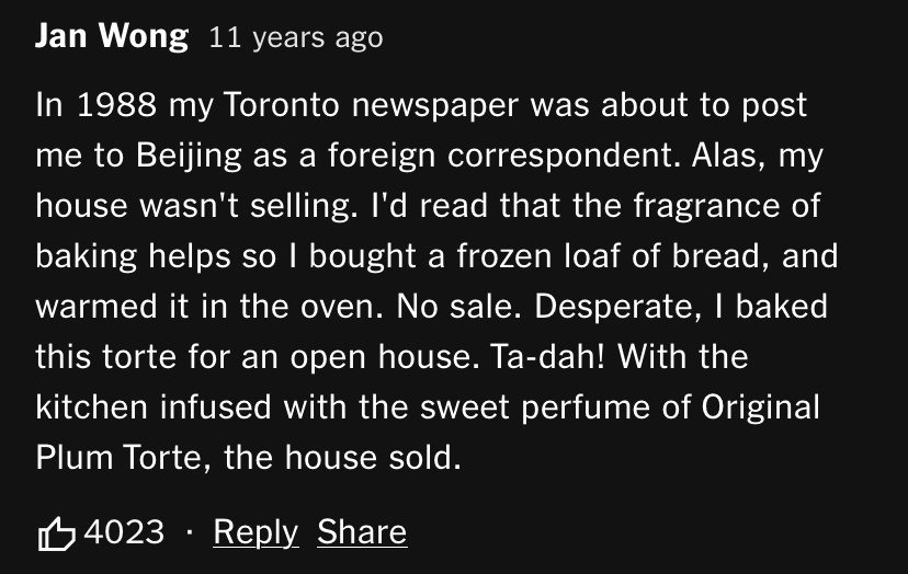 rbfrncs's tweet photo. Amazing things are happening in the Original NYT Plum Torte comments section https://t.co/ALZtgXvqOB