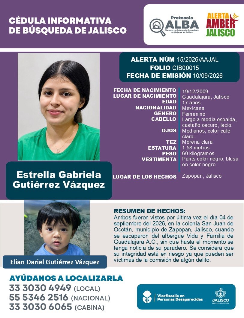 AAMBER_JAL's tweet photo. 📣 La Coordinación de #AlertaAmberJalisco solicita su apoyo para la difusión de la cédula informativa de búsqueda, con el objetivo de localizar a dos menores:  

Estrella Gabriela Gutiérrez Vásquez de 17 años de edad y Elian Daniel Gutiérrez Vázquez. https://t.co/L9Qa18bDSz