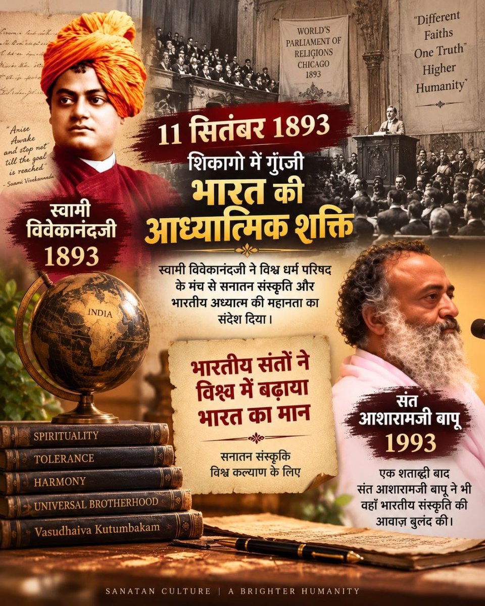GlossyRajni's tweet photo. Swami Vivekanand जी का आत्मविश्वास, Sant Shri Asaram Ji Bapu की आध्यात्मिक दृष्टि और Sanatan Dharma के मूल्य—तीनों भारत की पहचान को मजबूत करते हैं। #ParliamentOfWorldsReligions इसी विरासत को आगे बढ़ाना है। https://t.co/JFH0hfZjk3