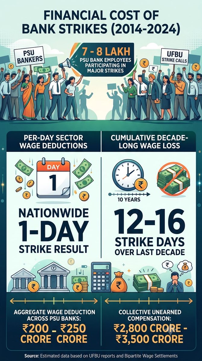 13thbipartite's tweet photo. 👉Estimated Cost borne by bankers due to BANK STRIKE for their justified demands.

👉RBI, LIC, Central Govt., State Govt., SEBI, NSE, BSE and many more already working #5dayweek 

👉Despite ATM, UPI, Internet/Mobile/Whatsapp banking etc. bankers are denied #5daysbanking https://t.co/wnEhgf3xJh