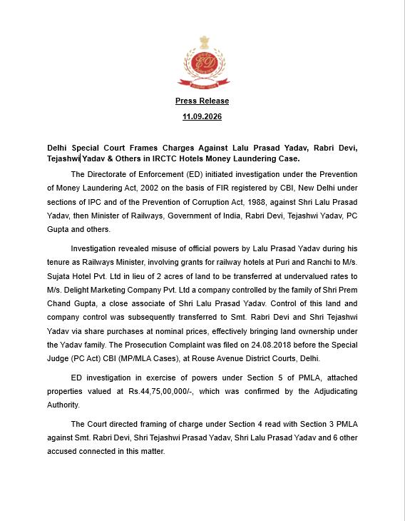 dir_ed's tweet photo. Delhi Special Court frames PMLA charges against Lalu Prasad Yadav, Rabri Devi, Tejashwi Yadav & 6 others in the IRCTC hotels land-for-tender money laundering case. #IRCTCscam #PMLA https://t.co/ICfSDSASgX