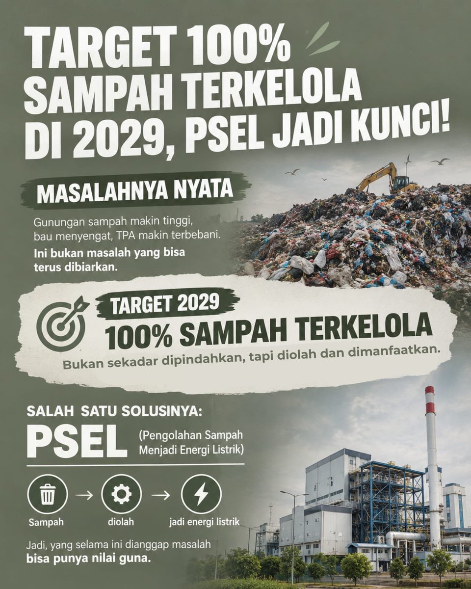 nafisazhr11's tweet photo. Target 100% Terkelola di 2029 🗑️🇮🇩

Masalahnya nyata, gunungan sampah makin tinggi, bau menyengat, dan TPA makin terbebani. PSEL jadi salah satu kunci untuk mengatasinya. Ini bukan masalah yang bisa terus dibiarkan.

#jagaIndonesia #Sampah #PSEL #IndonesiaBersih #IndonesiaMaju https://t.co/mWY1OGS5tI
