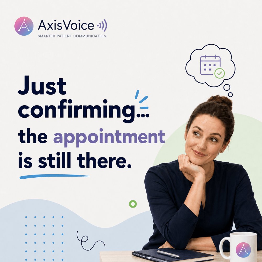 AxisVoiceAI's tweet photo. Just confirming… your appointment is still there. ✅
No hold music. No waiting around. Just a quick answer when you need it.
#AxisVoice #PatientCommunication #HealthcareAI #AIVoice https://t.co/xEdDTloQVr