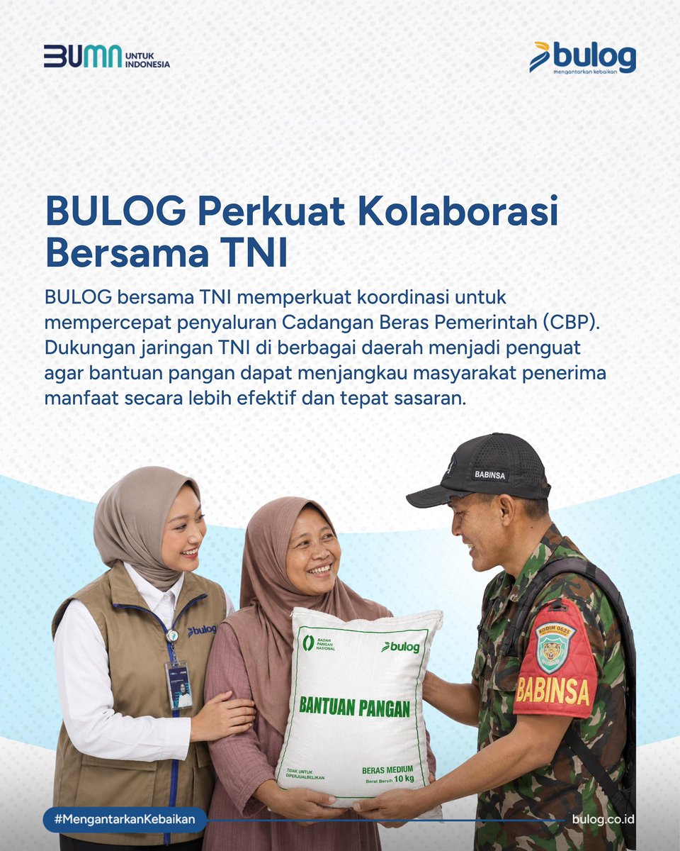 PerumBULOG's tweet photo. BULOG terus memperkuat sinergi bersama TNI untuk mempercepat dan memasifkan penyaluran Bantuan Pangan Pemerintah kepada 33,2 juta Penerima Bantuan Pangan (PBP) di seluruh Indonesia. Kolaborasi ini menjadi langkah bersama untuk memastikan Cadangan Beras Pemerintah dapat tersalurkan secara cepat, tepat sasaran, dan menjangkau masyarakat yang membutuhkan. 

#BantuanPanganBULOGTepatSasaran #BULOGBersamaMasyarakat #BantuanPanganBULOG #BULOG #MengantarkanKebaikan