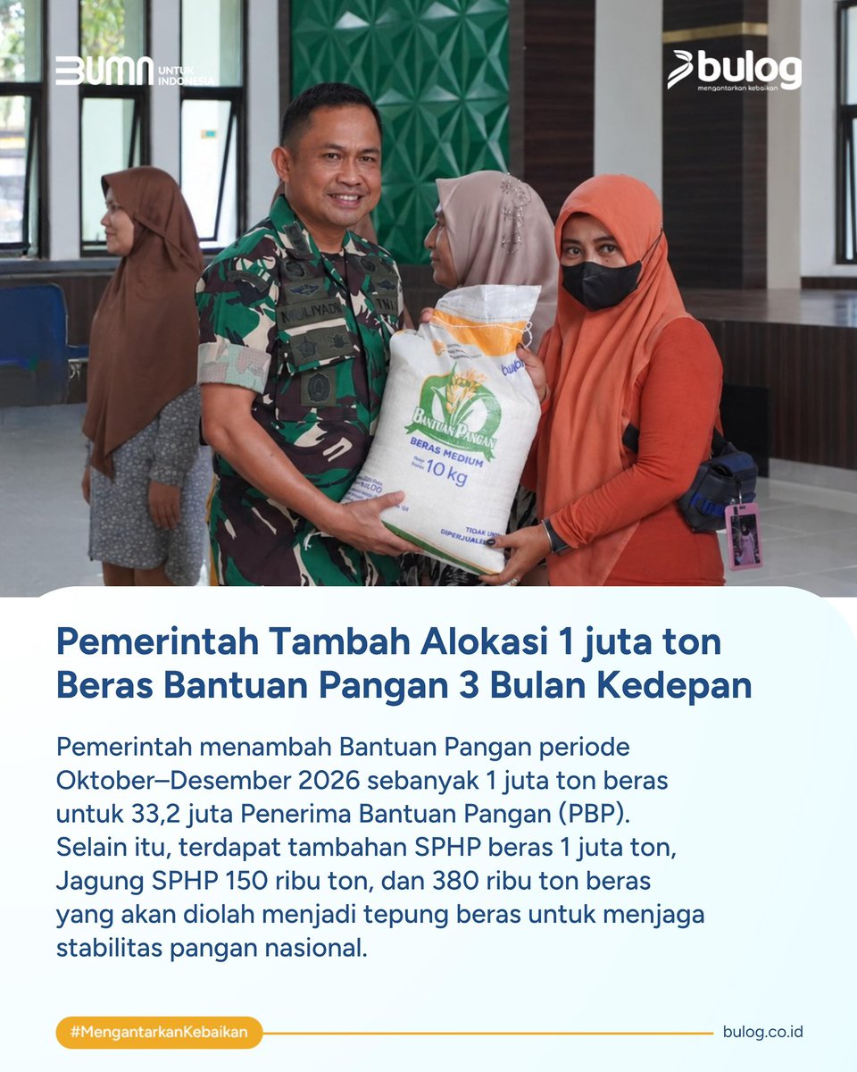 PerumBULOG's tweet photo. BULOG terus memperkuat sinergi bersama TNI untuk mempercepat dan memasifkan penyaluran Bantuan Pangan Pemerintah kepada 33,2 juta Penerima Bantuan Pangan (PBP) di seluruh Indonesia. Kolaborasi ini menjadi langkah bersama untuk memastikan Cadangan Beras Pemerintah dapat tersalurkan secara cepat, tepat sasaran, dan menjangkau masyarakat yang membutuhkan. 

#BantuanPanganBULOGTepatSasaran #BULOGBersamaMasyarakat #BantuanPanganBULOG #BULOG #MengantarkanKebaikan