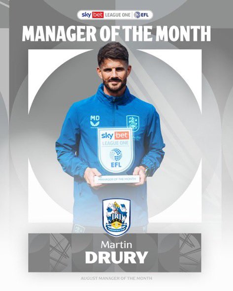 LeagueOne25's tweet photo. Congratulations to Huddersfield Town manager Martin Drury on winning August #SkyBetLeagueOne manager of the month 🏆

W 3-0 v AFC Wimbledon
D 1-1 v MK Dons
W 2-1 v Cambridge United

The terriers currently sit 2nd in #SkyBetLeagueOne 👏 

#htafc https://t.co/avmhhrp60b