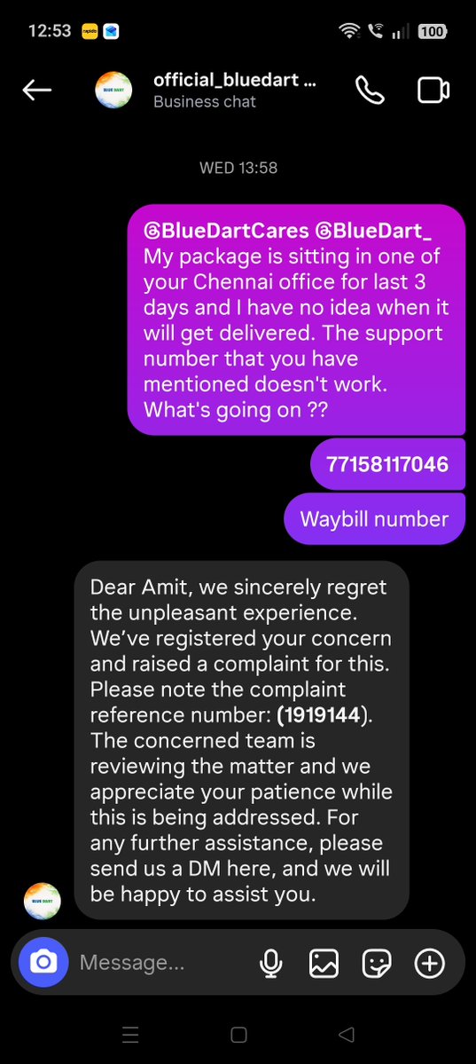 Amit_Bhatnagar9's tweet photo. @BlueDartCares @BlueDart_ @BlueDartCares @Ekart @delhivery @DTDC

Here is the pathetic level of customer service from Blue Dart https://t.co/BHUVJUyVer