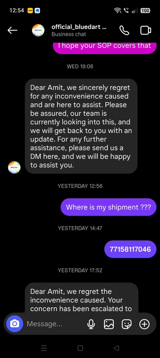 Amit_Bhatnagar9's tweet photo. @BlueDartCares @BlueDart_ @BlueDartCares @Ekart @delhivery @DTDC

Here is the pathetic level of customer service from Blue Dart https://t.co/BHUVJUyVer
