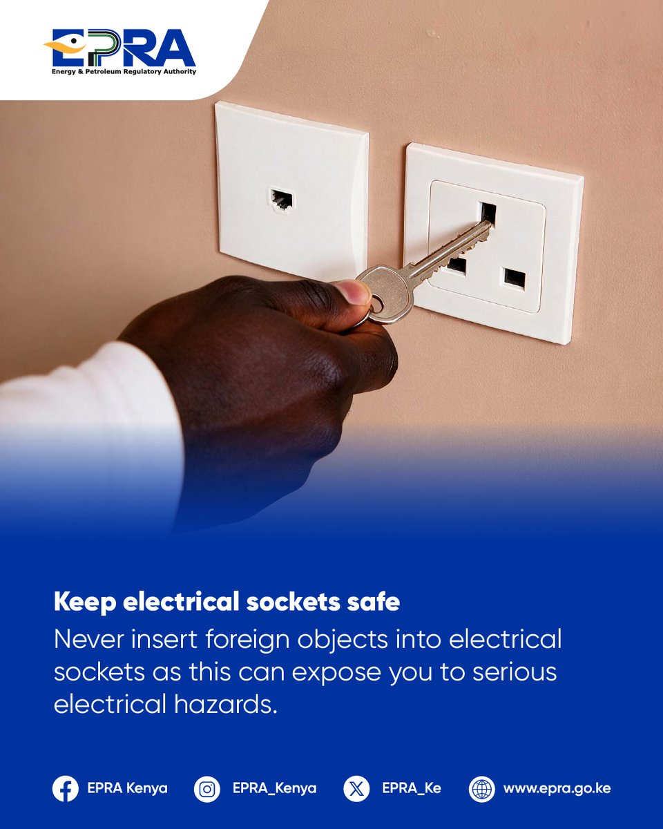 EPRA_KE's tweet photo. ⚠️ Keep children safe around electrical sockets.

Teach children never to insert fingers, toys or foreign objects into electrical outlets. A moment of curiosity can result in electric shock, severe burns, serious injury or even death.

Keep sockets safely covered where necessary and always keep children away from electrical hazards. #QualityEnergyQualityLife