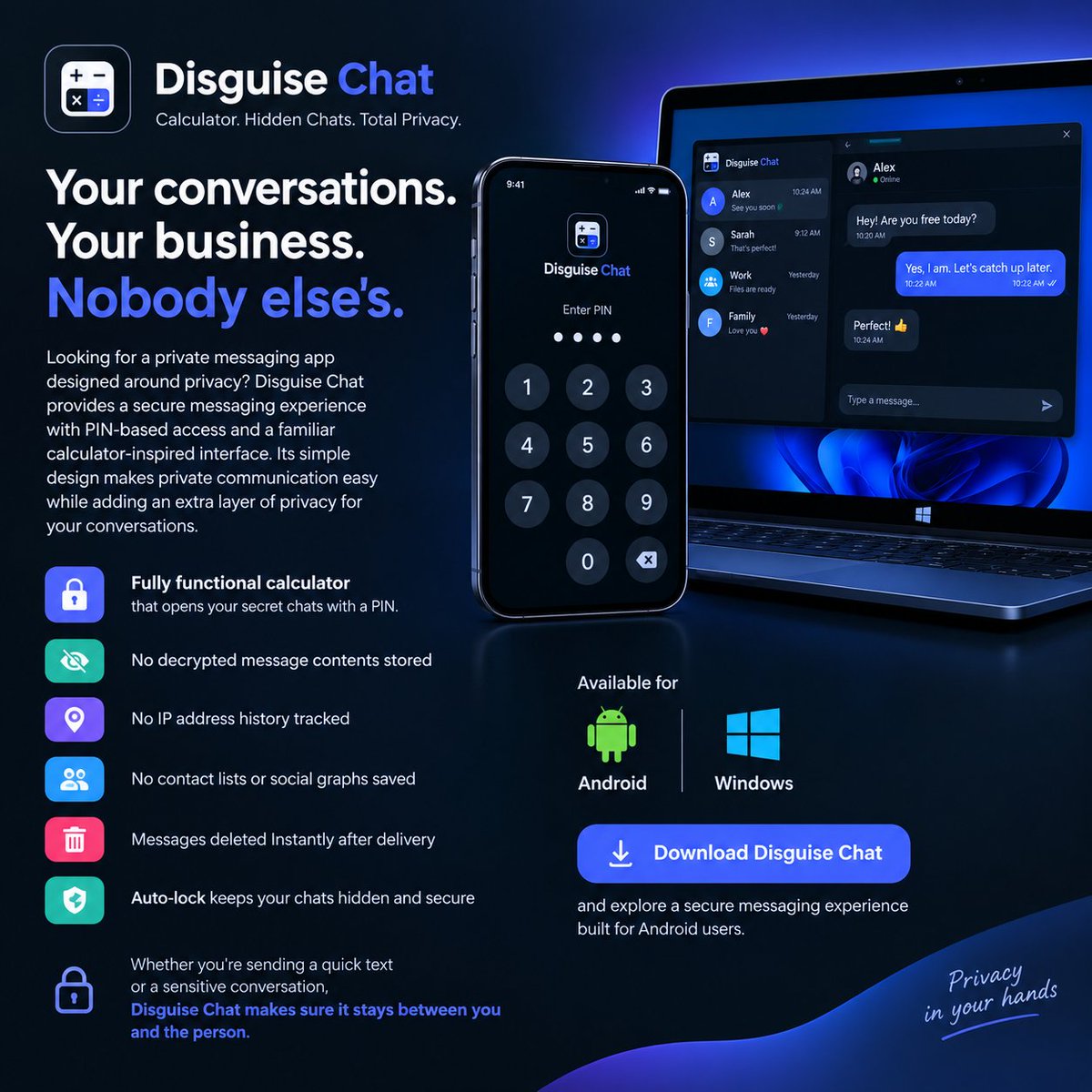 Disguisechat123's tweet photo. Introducing Disguise Chat, a privacy-focused messenger for Android users who want more control over their private conversations.
click : https://t.co/b4wp1EjH86
#DisguiseChat #HiddenMessagingApp #HiddenMessenger #SecurePrivateMessenger #PrivateMessagingApp #EncryptedChatApp https://t.co/Utbr5njkMn
