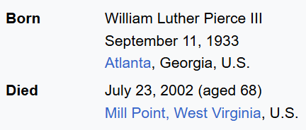Hmm00749384's tweet photo. I noticed that on top of 9/11 happening, William Luther Pierce was also born today. He was born in 1933, exactly 68 years before the attacks, so the 9/11 attacks were his birthday and also apparently his last one at that. He also celebrated the attacks as well as his birthday. https://t.co/YmPW0BKLPo