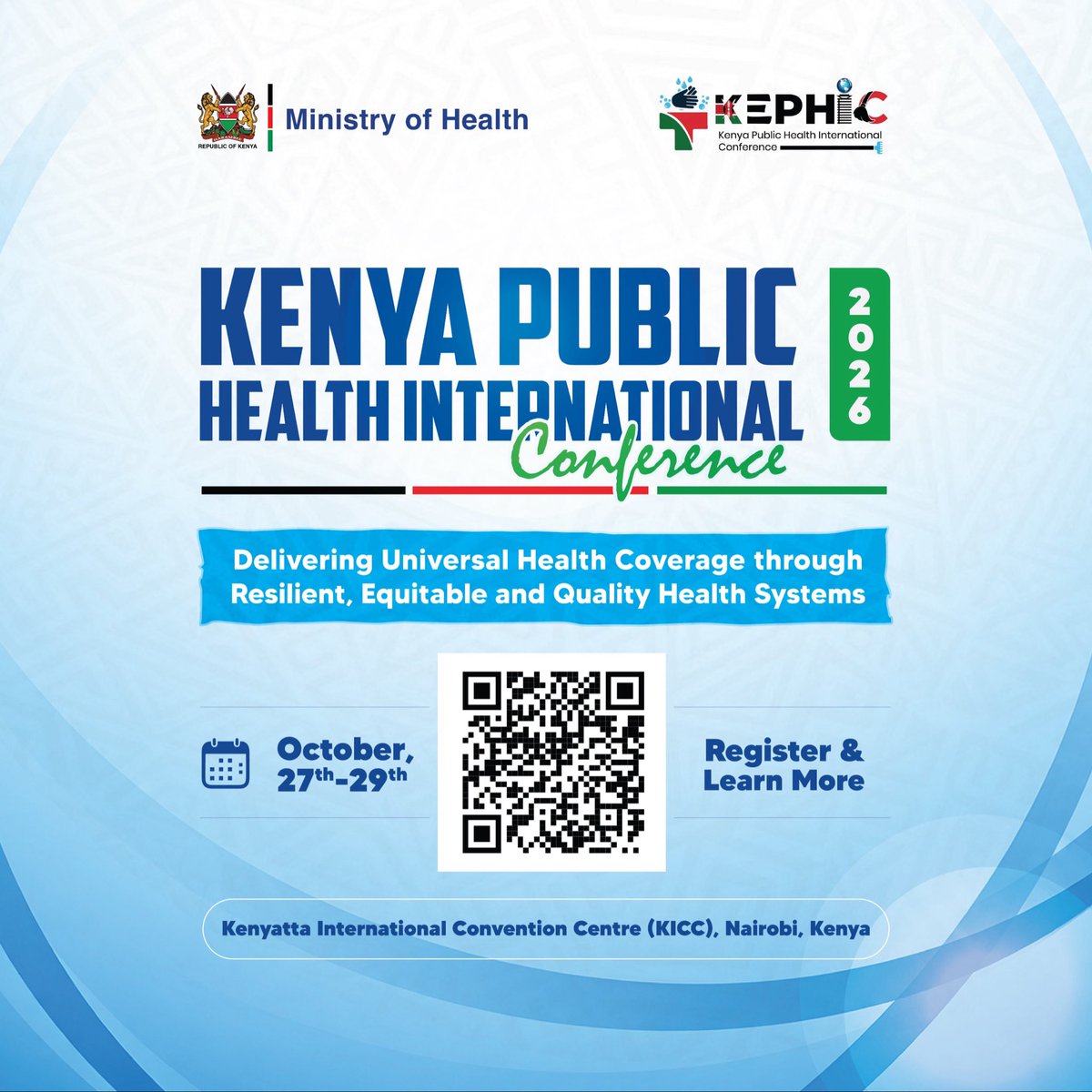 MOH_Kenya's tweet photo. The future of public health starts with stronger, fairer and more resilient health systems.

Join health leaders, experts and partners at the Kenya Public Health International Conference 2026, from 27–29 October at KICC, Nairobi.

Register today and be part of the conversation.

#KEPHIC2026 #PublicHealth #UniversalHealthCoverage