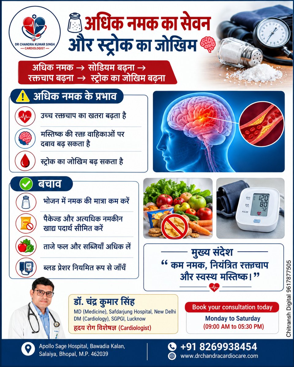 Chandra04659987's tweet photo. 🧂 अधिक नमक का सेवन ब्लड प्रेशर बढ़ा सकता है और हृदय व स्ट्रोक का जोखिम बढ़ा सकता है। नमक कम लें, ताजे फल-सब्जियाँ खाएँ और BP की नियमित जाँच कराएँ। ❤️

#HeartHealth #BP #Stroke #Cardiology #Bhopal https://t.co/HMRFLDqeXW