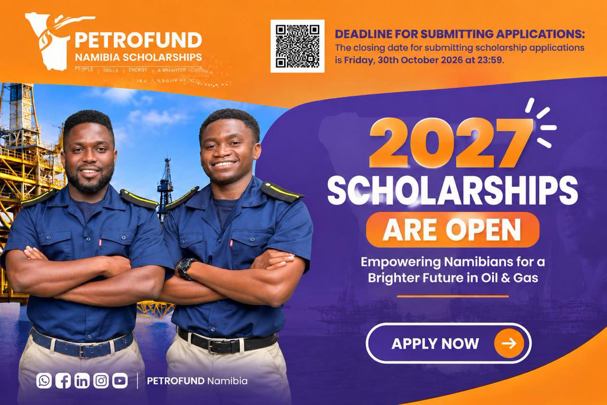 namibian_opp's tweet photo. FULLY FUNDED PETROFUND NAMIBIA MASTER’S SCHOLARSHIPS 2027

PETROFUND is inviting qualified Namibians to apply for fully funded Master’s Degree Scholarships for 2027 in specialised fields supporting Namibia’s growing oil and gas industry.

SCHOLARSHIP BENEFITS
• Fully funded Master’s studies
• Opportunities to study in SADC or overseas
• Specialised postgraduate training
• Qualifications aligned with Namibia’s growing oil, gas and energy sector

FIELDS OF STUDY
• Petroleum Engineering
• Petroleum ICT & Robotics
• Petroleum Finance & Economics
• Petroleum Law
• Logistics & Supply Chain Management
• Maritime Affairs

ELIGIBILITY
Applicants must be Namibian citizens and hold a relevant Honours degree with a minimum average of 60%. Applicants must be available to commence studies in January 2027 (SADC) or 
September 2027 (overseas).

Deadline: 30 October 2026 at 23:59

Read more and apply here https://t.co/ZTLRaLPrpN