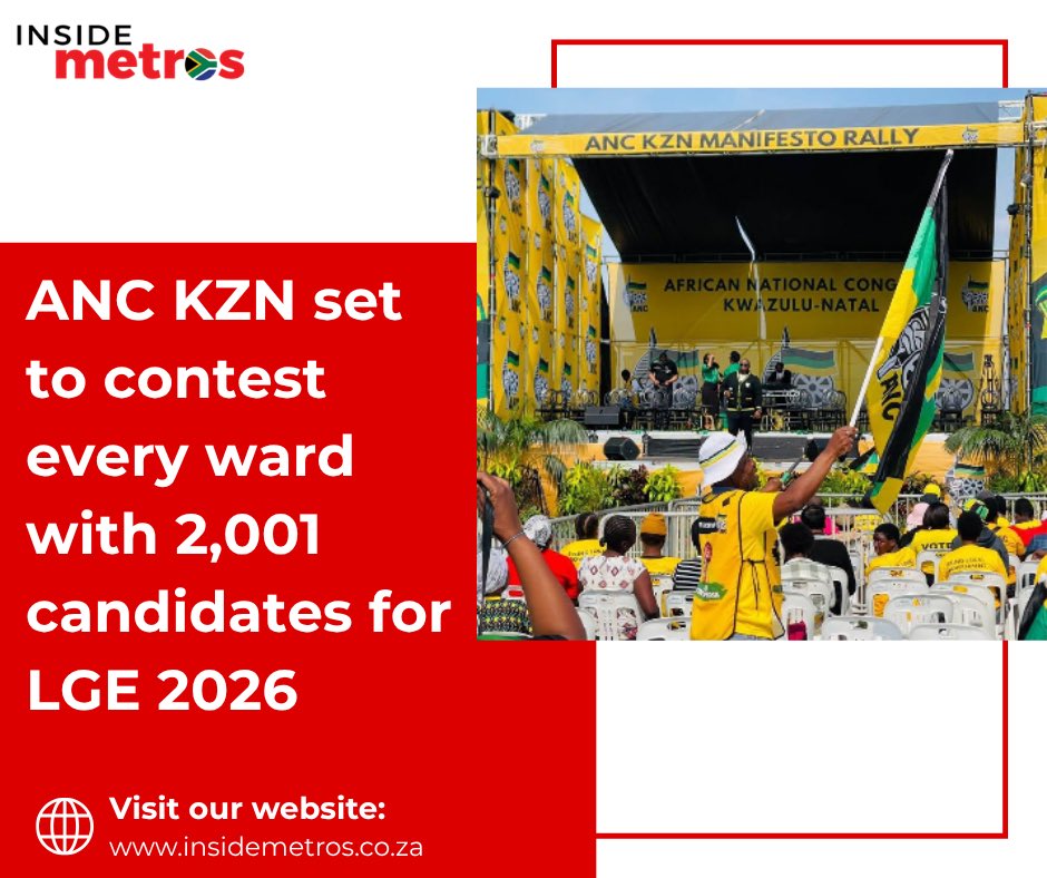 insidemetrosza's tweet photo. The ANC in KwaZulu-Natal will contest all 921 wards in the 4 November local government elections with 2,001 candidates.
Read more on https://t.co/3RKcnj7fPL
#insidemetro #southafricannews #kzn #4november #LocalGovernment #Elections2026 #PTT #IEC https://t.co/p28bs9DNkj
