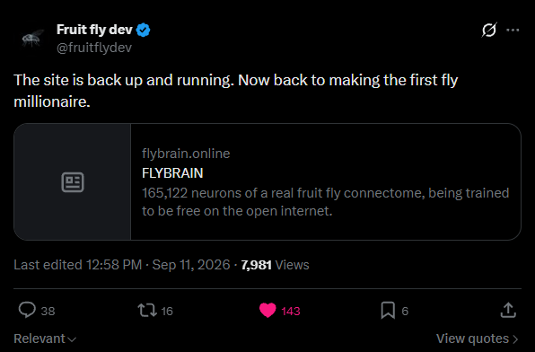 stitchdegen's tweet photo. robinhood:0x4eb990547bce4a982432ca88cf5fae7eed1a2d35 is one of the tokens I’ve been asked about the most today

It ran from a small cap to over $50M MC, before correcting back to around $25–30M

The narrative is genuinely interesting, but this move didn’t happen because of one single factor 

Let’s break down what’s actually behind robinhood:0x4eb990547bce4a982432ca88cf5fae7eed1a2d35

1. It all started with real research

The first thing I like about robinhood:0x4eb990547bce4a982432ca88cf5fae7eed1a2d35 is simple :

The narrative existed before the token

On September 3, Google Research, HHMI Janelia, Cambridge, and other research groups published the connectome of the adult male fruit fly’s central nervous system

The original scientific dataset contains roughly 166K neurons and ~125M synapses

This is a real scientific milestone, not something the robinhood:0x4eb990547bce4a982432ca88cf5fae7eed1a2d35 team made up to create lore for a memecoin

There’s one detail worth clarifying because CT has been mixing this up

The simulation on the robinhood:0x4eb990547bce4a982432ca88cf5fae7eed1a2d35 site doesn’t run the entire ~125M synapses directly. After filtering out weaker connections with fewer than 3 synapses, the graph being used contains roughly 10.2M connections

So the distinction is :

~125M synapses = the original scientific dataset

~10.2M connections = the filtered graph used in the simulation

Things got more interesting after the research became public

Developers started experimenting with the fly connectome in environments like Minecraft, Doom, Mario, etc

A fairly niche neuroscience topic suddenly became an internet meme that anyone could understand :

“We mapped the wiring of a fly brain. What happens if we put it inside a computer and let it play games?”

And robinhood:0x4eb990547bce4a982432ca88cf5fae7eed1a2d35 appeared right as this narrative started going viral

2. But what does a “fly brain living on the internet” actually mean?

This is something I think people need to understand properly before getting bullish

robinhood:0x4eb990547bce4a982432ca88cf5fae7eed1a2d35 is not a conscious fly living onchain, and it’s not an LLM-based AI Agent that can think for itself, read X, and decide what to trade

A connectome is basically a wiring diagram of the nervous system

The project uses that wiring to simulate neural activity, then maps different inputs and outputs into interactions with an environment

For example, visual input from a browser can be converted into stimuli for the simulation, while certain descending neurons can be mapped to actions like moving forward, backward, left, right, or clicking

Put simply :

It doesn’t “read” a website the way we do. It reacts to inputs through a neural model built from a real connectome

Some parts still require human/script assistance

So if the narrative becomes :

“A living fly brain is independently trading and launching memecoins”

I think that goes further than what the project is actually doing

But I don’t think that makes the idea less interesting

If anything, the differentiator here is the real biological wiring

The market already has countless projects taking an LLM, attaching a wallet to it, and calling it an AI Agent

A simulation built around a real connectome naturally creates much more curiosity

3. From a science experiment to a stock meme

This is where the crypto side gets interesting

robinhood:0x4eb990547bce4a982432ca88cf5fae7eed1a2d35 was launched on Robinhood Chain through Pons and paired with GOOGL

I think the way the narrative is packaged is pretty smart

Google Research is directly connected to the original scientific story

Robinhood Chain already has a stock/tokenized-stock meta

And Pons allows memes to be paired with stock-linked assets

So everything connects pretty naturally :

Google => Fly Brain => GOOGL => Robinhood Chain => Stock Meme

That makes robinhood:0x4eb990547bce4a982432ca88cf5fae7eed1a2d35 more than just another “fly meme”

It sits right at the intersection of science, neuroscience/AI attention, internet memes, the stock meta, and Robinhood Chain

I think that’s one of the main reasons it was able to expand so quickly

4. Where is all the attention coming from?

This is where I think the narrative is quite different from a typical memecoin

The attention is basically forming across three layers

The first is science/mainstream

The research is real, and names like Google Research, Janelia, and Cambridge are genuinely behind the original scientific work

The biggest account pushing the underlying research that I found was @NewsFromGoogle, whose MaleCNS post reached around 13M views based on the data I checked

Polymarket also posted about the milestone of mapping more than 166K neurons

But this distinction matters :

Google and Polymarket are talking about the research. They are not endorsing robinhood:0x4eb990547bce4a982432ca88cf5fae7eed1a2d35

I only see this as evidence that the underlying narrative has grown beyond the neuroscience community

The second layer is internet virality

Accounts like @evnschlr, @jbohnslav, @nftecchie_ and @sainimatic have posted fly-brain-related experiments/content that reached millions of views

They are not shilling the token either

But they are doing something important: repeatedly putting the “fly brain” concept back onto people’s timelines

The final layer is crypto attention

One major catalyst was Marc Andreessen following the project’s official account

That’s obviously a meaningful signal for a new meme, but again, it needs to be framed correctly :

pmarca followed the account. He did not tweet the ticker or endorse the token

robinhood:0x4eb990547bce4a982432ca88cf5fae7eed1a2d35 has also started appearing on the timelines of crypto accounts such as @CryptoGorilla, @fuelkek, along with Chinese CT accounts and traders within the Robinhood ecosystem

I don’t really care who bought early or how much anyone made

What matters to me is that attention from the broader fly-brain narrative has started being funneled toward the actual robinhood:0x4eb990547bce4a982432ca88cf5fae7eed1a2d35 ticker

The flow looks pretty clean :

Science creates the narrative => the internet turns it into viral content => crypto starts capturing that attention into a ticker

Google doesn’t need to tweet robinhood:0x4eb990547bce4a982432ca88cf5fae7eed1a2d35

As long as the internet keeps talking about fruit fly brains, and robinhood:0x4eb990547bce4a982432ca88cf5fae7eed1a2d35 remains the main token representing that story in crypto, it can still benefit from attention coming from outside the market

With memes, I care more about who owns the narrative in the market’s mind than simply counting how many KOLs are shilling it

5. A good narrative still needs good token data

At the end of the day, this is still a memecoin

Based on the data I checked, supply is 1B, tax is 1/1, and the creator had already collected roughly $329K in fees at the time I checked

Holders have grown to around 8K+, while 24H volume has reached tens of millions of dollars

One thing I’m watching closely is that liquidity isn’t particularly deep relative to its volume and valuation

That cuts both ways

When attention is strong and capital keeps flowing in, price can expand extremely quickly

But once attention flips, the downside can be just as violent

So I don’t want to see $30M, $40M, or $50M in volume and automatically conclude that demand is strong

For something like this, I want to look at :

Volume + liquidity + holder growth + distribution + sell pressure

The narrative determines whether people want to look at the token

The structure determines whether I actually want to put money into it

6. The problem now is that a lot of catalysts are already priced in

This is probably the most important part if you’re looking at robinhood:0x4eb990547bce4a982432ca88cf5fae7eed1a2d35 at its current valuation

The paper is already public

Google has already pushed the research to millions of people

Fly-brain experiments have already gone viral

pmarca has already followed

Crypto KOLs and CT have already discovered the token

And the chart has already expanded from a small cap to over $50M MC

Copycats are starting to appear too

So if your thesis for buying here is still :

“Google mapped a fly brain + pmarca followed.”

I think you’re a little late

The market has already traded those catalysts

At $1M or $3M, a strong narrative alone can sometimes create a great asymmetric bet

At $25–30M, the question has to become :

What hasn’t the market priced in yet?

And that’s where I start looking at the next catalysts

The first is the olfactory/smell feature

The team is working toward expanding the simulation into olfaction. If they can turn that into a visually compelling demo, for example mapping tokens, markets, or environments into inputs the fly can “smell,” I think that could create another wave of content

Not because it suddenly gives the token massive utility

But because if a meme wants to stay alive, it needs a new reason for the market to talk about it again

The second catalyst is more convincing web/onchain interaction

The “fly launched its own coin” lore is great, but there is still human/script assistance involved

If the team can push the experiment further, show clearer live logs, and have the fly browse, click, or interact with an onchain environment in a more convincing way, I’d value that catalyst much more than another KOL follow

The third is a second science/media wave

This research is still fresh

If Google, Janelia, the neuroscience community, gaming community, or mainstream media continue producing new experiments around it, robinhood:0x4eb990547bce4a982432ca88cf5fae7eed1a2d35 can keep benefiting from indirect attention without any of them mentioning the token

But the biggest catalyst for me is much simpler :

Can robinhood:0x4eb990547bce4a982432ca88cf5fae7eed1a2d35 become the default ticker for the entire fly-brain narrative?

If dozens of copycats appear but people still think of robinhood:0x4eb990547bce4a982432ca88cf5fae7eed1a2d35 first whenever someone says “fly brain coin,” then it has built a form of attention moat

At that point, copycats can almost become free marketing for the original

That’s what could turn this from a runner that lasts a few days into a narrative with a much longer lifespan

7. What does the risk/reward look like here?

This is where I start getting more cautious

The narrative is strong, but the narrative premium is no longer cheap

At $25–30M, the market has already priced in the research, viral clips, the pmarca follow, and some expectation that robinhood:0x4eb990547bce4a982432ca88cf5fae7eed1a2d35 will become the main runner of this narrative

At the same time, the token doesn’t yet have enough utility/value accrual to create a clear valuation floor, liquidity still needs to be watched, copycats are appearing, and attention on Robinhood Chain rotates extremely quickly

There’s another risk that I think could easily become FUD later :

A connectome is not the same thing as a conscious brain

If the market starts telling the story as “a living fly brain autonomously launching and trading coins,” expectations will move far beyond what the product actually does

When the chart is green, nobody cares

When the chart gets weak, things like human assistance, scripting, and the limitations of the simulation can quickly get turned into FUD

So from here, I want to see whether the team keeps shipping real experiments or just keeps recycling Google + pmarca to maintain attention

8. My chart view and plan

On the chart, robinhood:0x4eb990547bce4a982432ca88cf5fae7eed1a2d35 made an almost vertical expansion to over $50M MC, before correcting roughly 40–50% back into the mid-$20M range

Personally, I don’t like chasing around $25–30M after a move like that

If buyers continue absorbing supply, volume resets, and price reclaims $30M+, I’d view the structure as much healthier

If it corrects further, $18–22M is the first area where I’d start watching closely

The $12–15M range becomes more attractive from a risk/reward perspective if the narrative is still alive and robinhood:0x4eb990547bce4a982432ca88cf5fae7eed1a2d35 remains the main runner

But I’m not trading an entry based on MC alone

If it’s at $15M but volume is dead, the official account stops shipping, and attention has moved somewhere else, then $15M is still expensive

On the other hand, if the team ships a strong new catalyst and the market reclaims structure, I don’t necessarily need to wait for an exact number either

What I’m watching is :

Price + volume + attention + what the team is actually shipping

If volume collapses, holder growth stalls, the team stops building, robinhood:0x4eb990547bce4a982432ca88cf5fae7eed1a2d35 loses its main-runner position to a copycat, or the entire Robinhood meta rotates elsewhere, my thesis changes very quickly

9. Final thoughts

If I’m rating the idea/narrative alone, I’d rate robinhood:0x4eb990547bce4a982432ca88cf5fae7eed1a2d35 pretty highly

Not simply because “AI + crypto” sounds good

The sequence is what makes it interesting :

Science happened first => the internet made it viral => the token appeared afterward to capture the attention

I like that structure much more than launching a token first and then paying KOLs to manufacture lore around it

But robinhood:0x4eb990547bce4a982432ca88cf5fae7eed1a2d35 is not a hidden gem anymore

It has already made a huge move, ATH was above $50M, CT has discovered it, and most of the obvious catalysts have already happened

So the bull case from here has to come from something new

That could be the olfactory feature, a new demo, more convincing web/onchain interactions, another science/media wave, or ideally robinhood:0x4eb990547bce4a982432ca88cf5fae7eed1a2d35 establishing itself as the default ticker for the fly-brain narrative

If those things continue getting validated, I think a second leg is absolutely possible

But if the team stops shipping and the official account just keeps recycling the Google + pmarca story while volume starts bleeding, I’m not going to marry the bag just because the original idea was good

TL;DR : I’m bullish on the robinhood:0x4eb990547bce4a982432ca88cf5fae7eed1a2d35 narrative, but at the current valuation I’m not interested in FOMO it

From here, I’m not watching the catalysts that already pumped the chart

I’m watching what the team ships next that gives the market a reason to talk about robinhood:0x4eb990547bce4a982432ca88cf5fae7eed1a2d35 all over again

0x4Eb990547BCe4a982432CA88Cf5fae7EED1A2d35