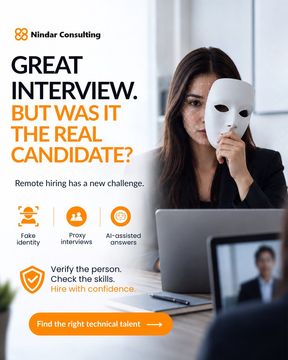 nindarglobal's tweet photo. Great interview… but was it really them?

 👀Nindar helps verify identity, skills, and real candidate fit before you hire.

#TechHiring #CandidateFraud #Nindar https://t.co/Jt468xcXZc