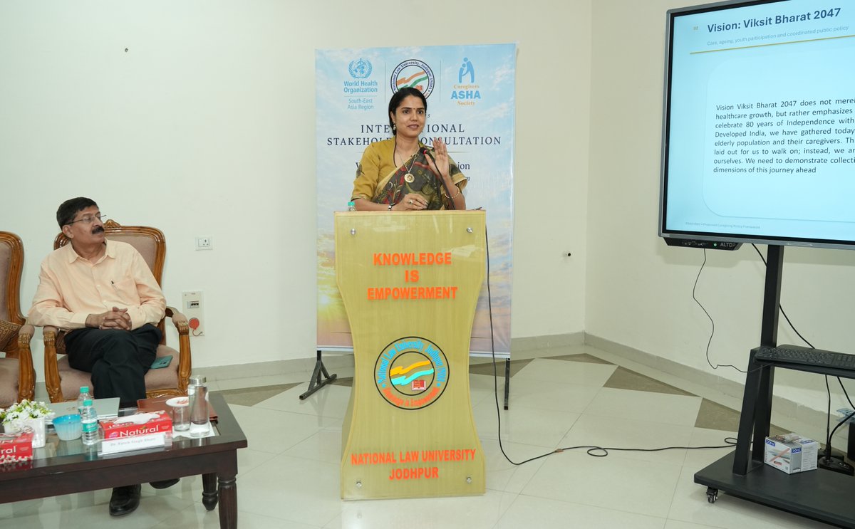 nlujofficial's tweet photo. The International Stakeholder Consultation on “Caregiving and Long-Term Care Law in India: Towards a Legal Framework for Care” concluded at National Law University Jodhpur, with meaningful deliberations on caregiver recognition, elder rights, policy, social protection, technology, and long-term care.

With participation from WHO South-East Asia Regional Office (WHO SEARO), Caregivers Asha Society, and leading national and international experts, the consultation marks an important step towards building a comprehensive legal framework for care in India.