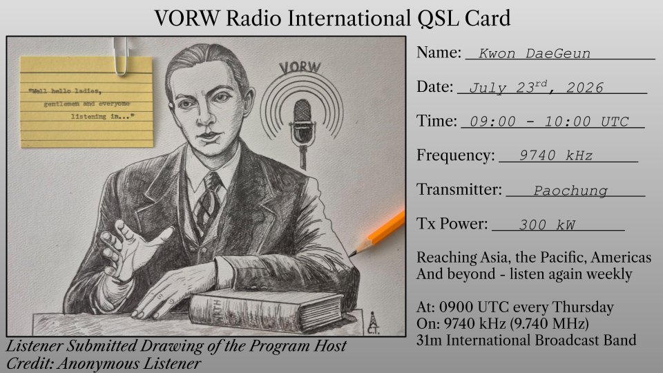 ds2cyi's tweet photo. This is the e-QSL card from VORW Radio International, transmitted via the Baozhong(褒忠) transmitter in Taiwan.  The artwork for this card is a wonderful illustration of the host, drawn and sent in by an anonymous listener. https://t.co/Tguto09q4U