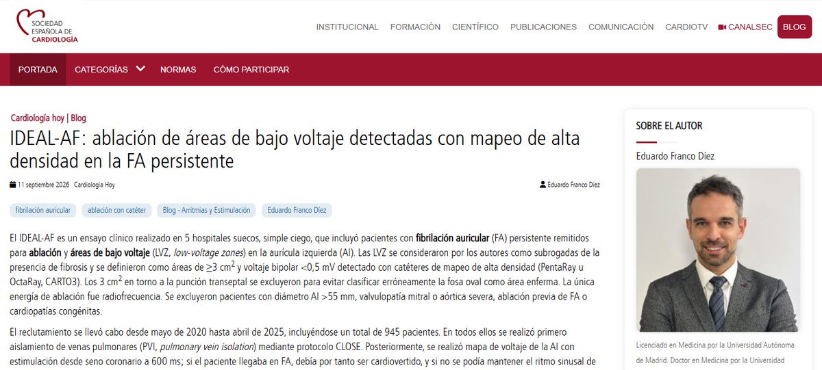 secardiologia's tweet photo. .@EduFrancoDiez: "La ablación de áreas de bajo voltaje combinada con aislamiento de venas pulmonares mejoró el control de ritmo y la calidad de vida relacionada con la salud en pacientes con fibrilación auricular persistente y áreas de bajo voltaje relevantes". #BlogSEC @jovenesSEC https://t.co/84xXdAuCaY