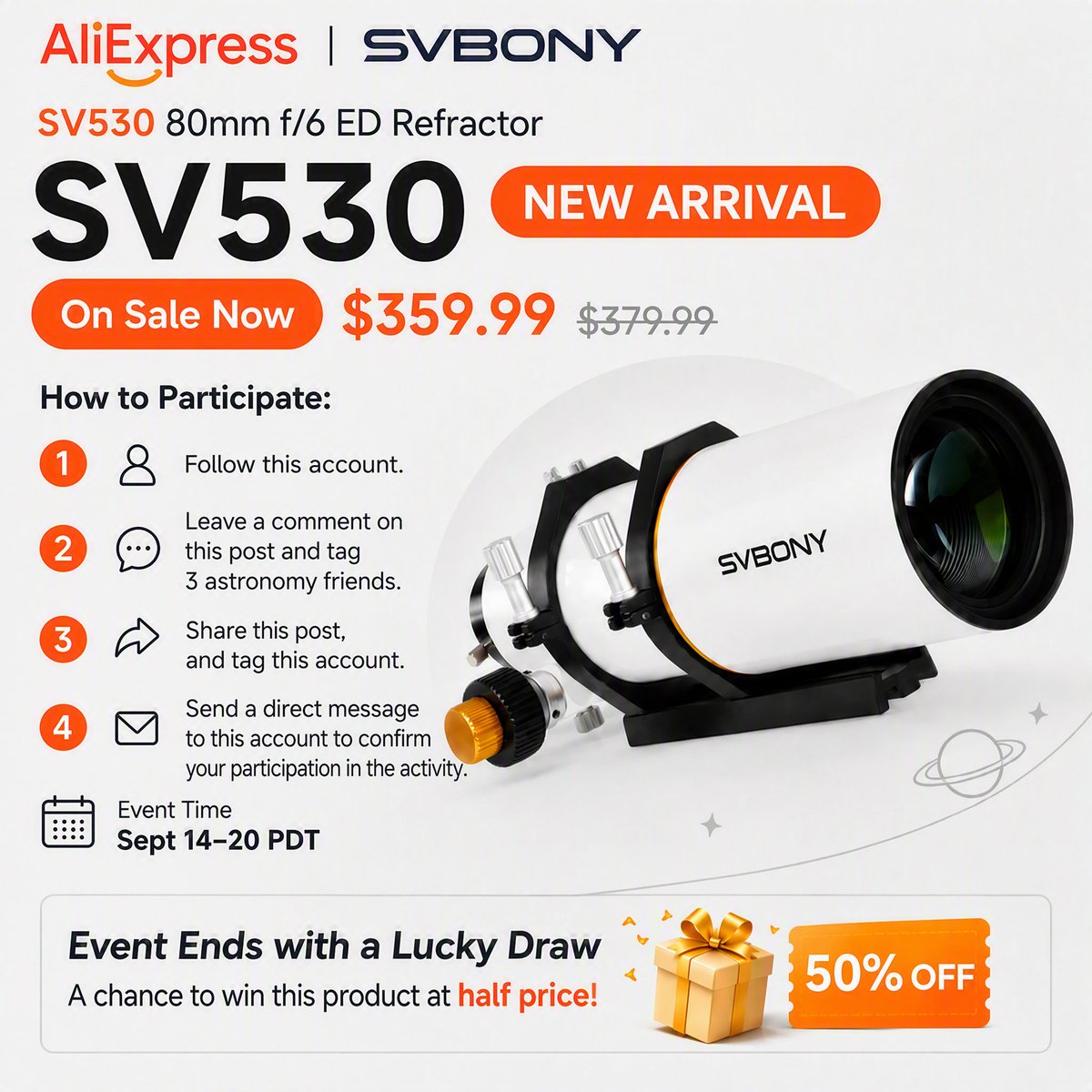 SVBONY_ALI's tweet photo. 👀 SV530 telescope giveaway is ON! https://t.co/04TlC0js8p
80mm f/6 ED scope | Built-in flattener | Perfect for nebula imaging✨ Win chance to buy it at 50% off🎁
Sept 14–20 PDT | Lucky draw #svbonyaliexpress #SV530 #Astrophotography https://t.co/Bp9pH3LMz7