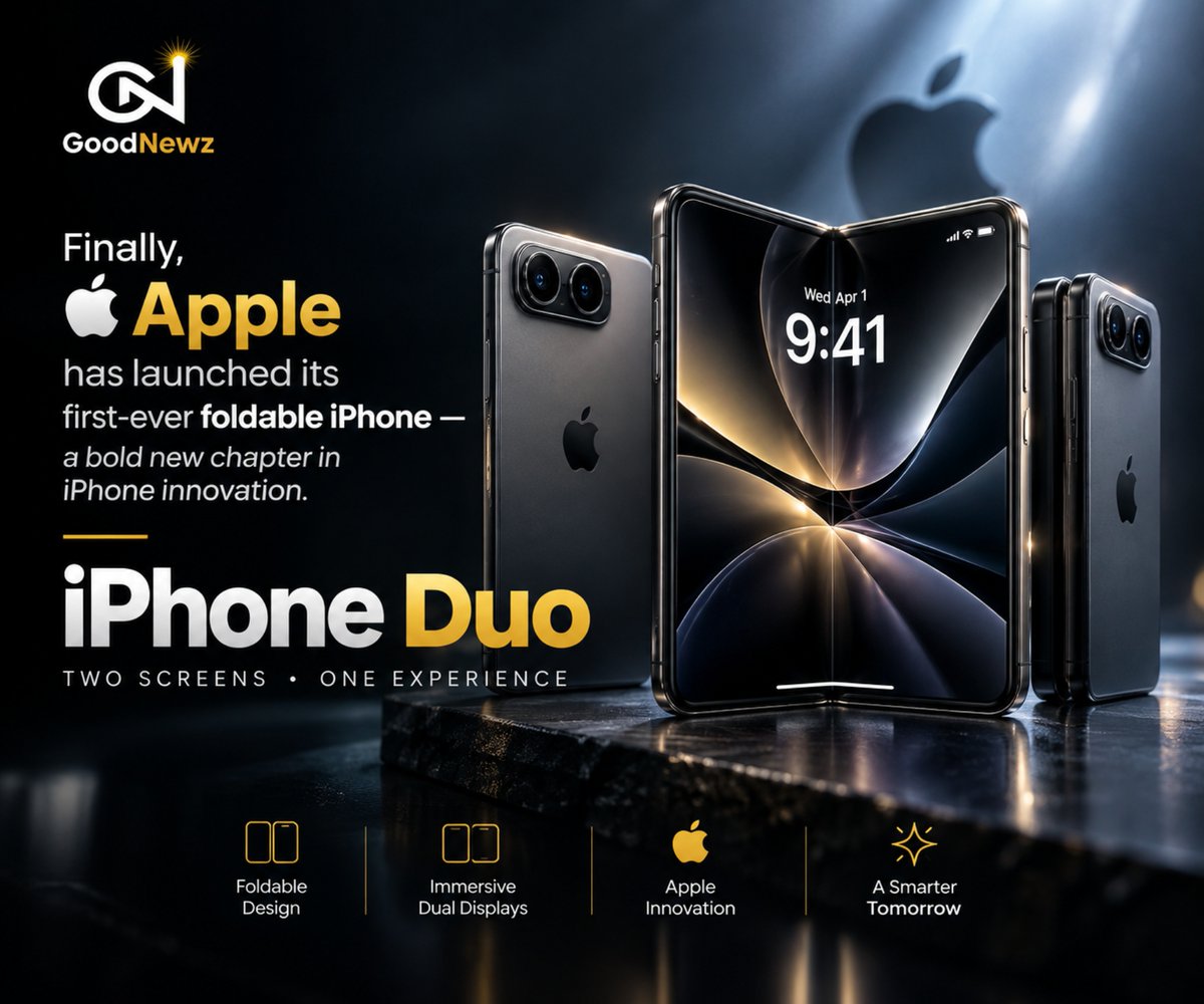 GoodNew_z's tweet photo. 🚨 BREAKING GOOD NEWS! 🍎📱

Apple has officially launched the iPhone Duo, its first-ever foldable iPhone! ✨

With a stunning foldable design, a 7.6-inch inner display, and powerful new technology, the iPhone Duo looks absolutely beautiful. 🔥
#iphone #iphoneduo https://t.co/Y6kTRN3NQt