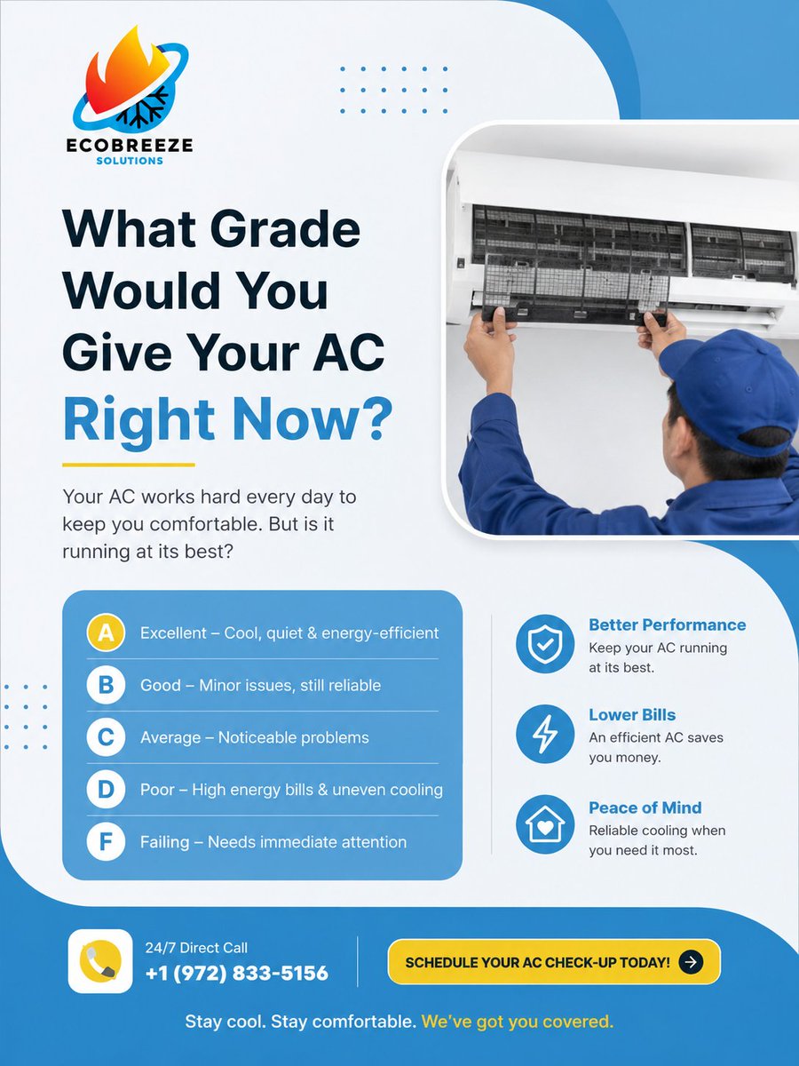 ecobreeze0's tweet photo. What Grade Would You Give Your AC Right Now?

#HVAC #ACRepair #HVACTips #DFWHVAC #HomeComfort

https://t.co/GYlpOS0tR7 https://t.co/WPBLYT1WeV