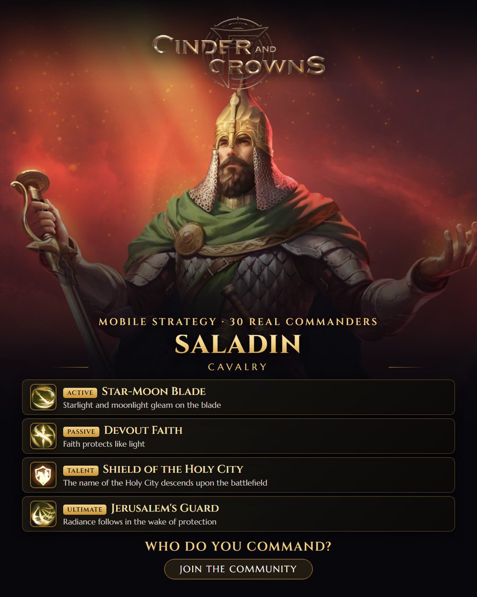 CinderNCrowns's tweet photo. Saladin · Cavalry — The light of the stars and moon reflects off the blade Join us 👉 https://t.co/ZelSeeevGs #CinderCrowns #StrategyGames https://t.co/fjwKDHRgzM