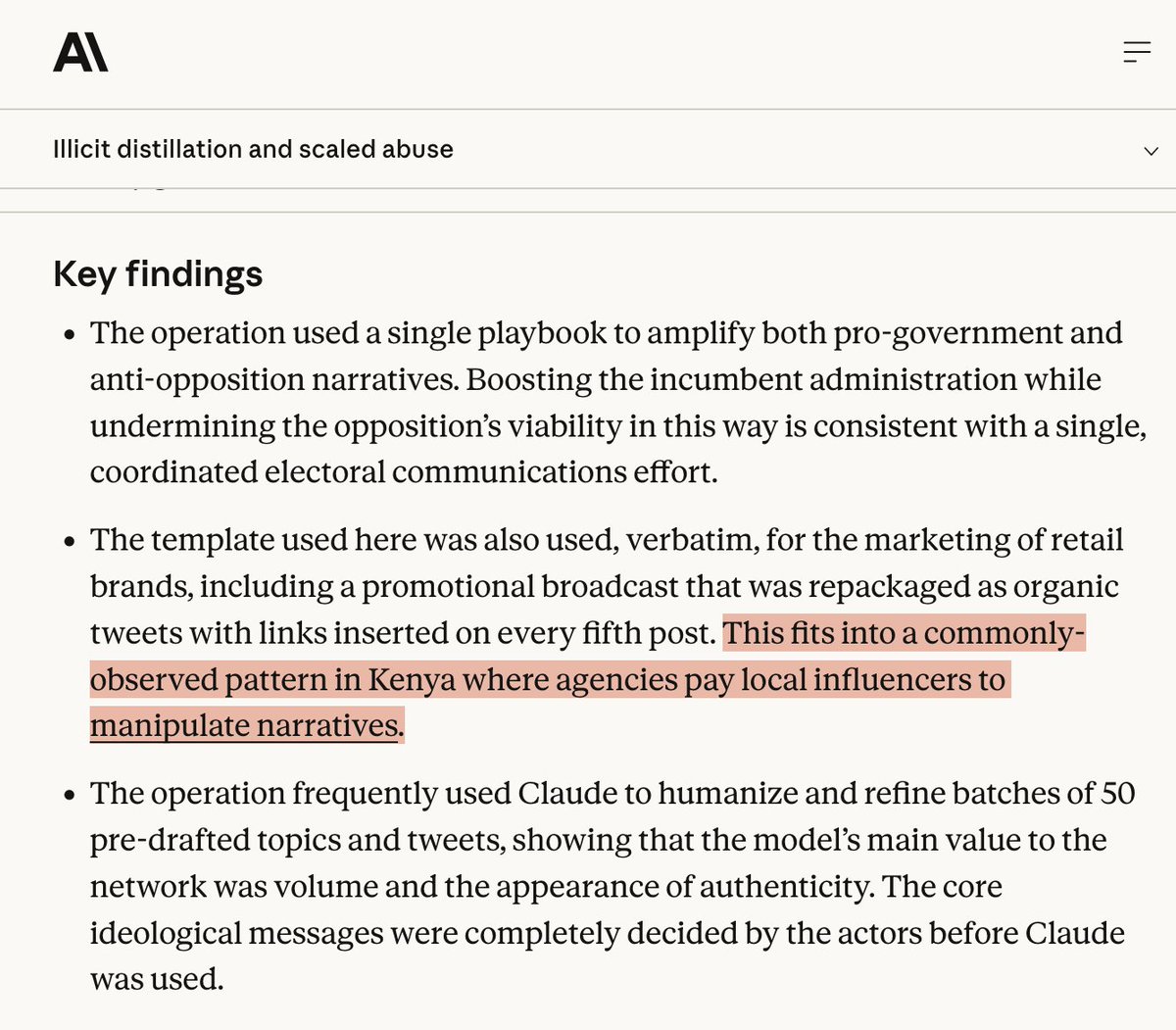 Odangaring's tweet photo. Quite a surreal moment for me today..

@AnthropicAI  released a threat intelligence report, highlighting how AI is now being used for disinformation campaigns ahead of Kenya's 2027 elections

In the article there is only one citation and its to the work that I did while @mozilla https://t.co/fgMwbbO8Q7