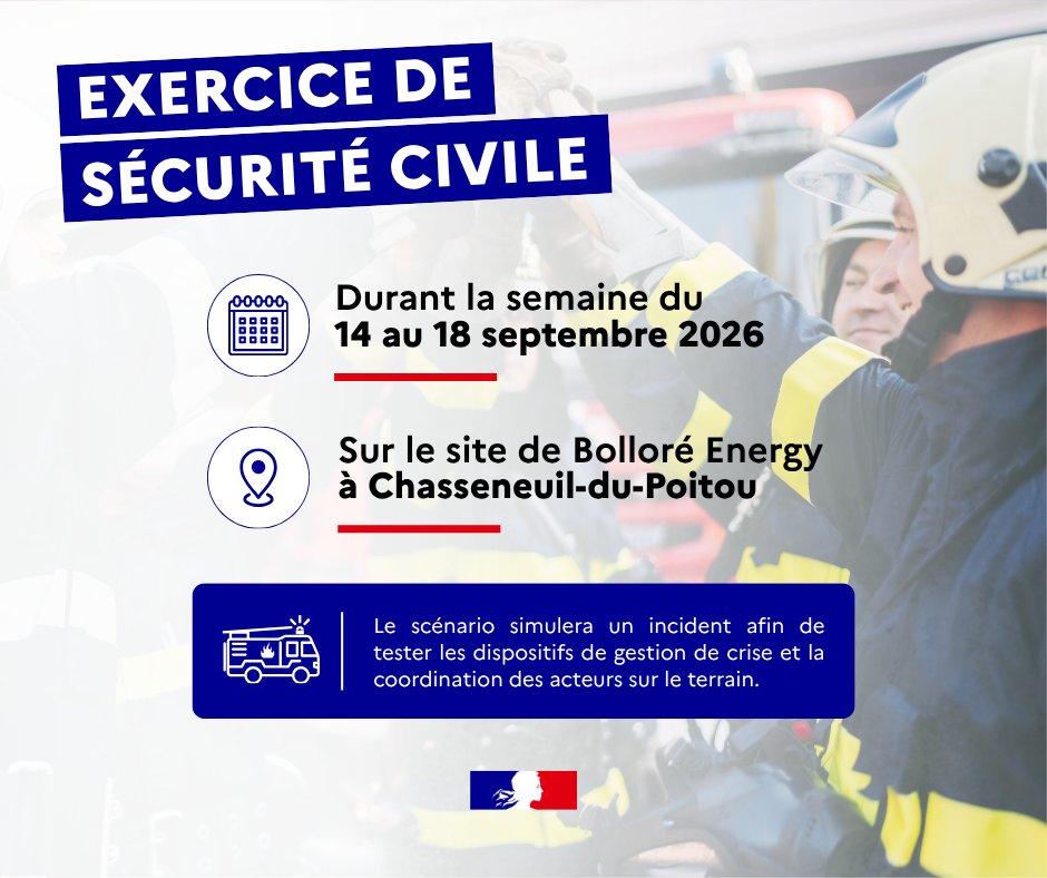 Prefet86's tweet photo. 🚨 #EXERCICE de sécurité civile | Du 14 au 18 septembre, un exercice inopiné sera organisé sur le site de Bolloré Energy à @ChasseneuilPoitou.
🚒 Pompiers, sirène de l’exploitant et messages FR-Alert pourront être mobilisés.
👉 Aucune action ne sera attendue de la population. https://t.co/d1AVzoXFCV